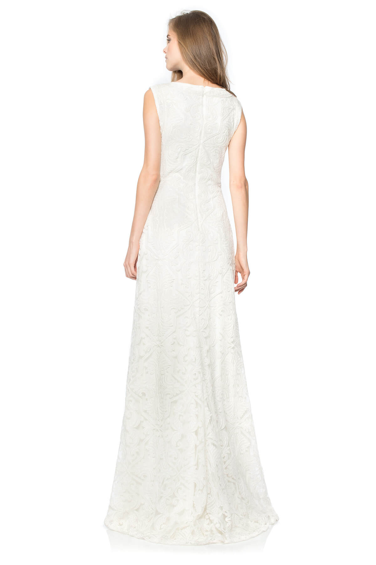 Cotton Embroidered Tulle Boatneck Gown