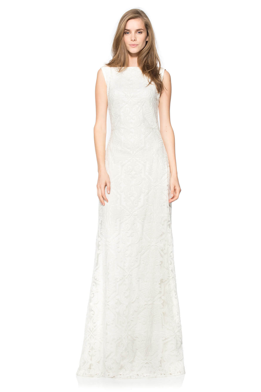 Cotton Embroidered Tulle Boatneck Gown