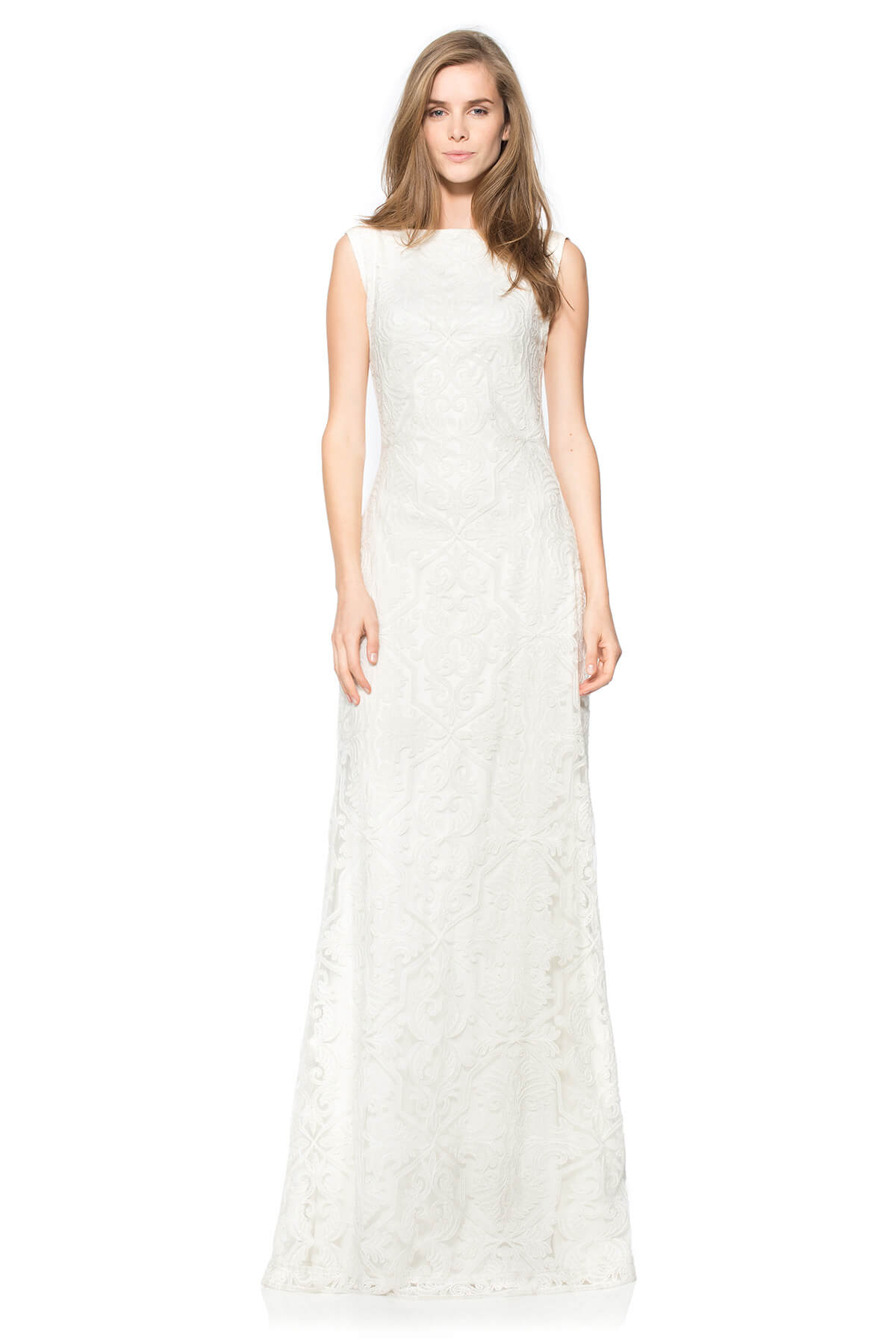 Cotton Embroidered Tulle Boatneck Gown