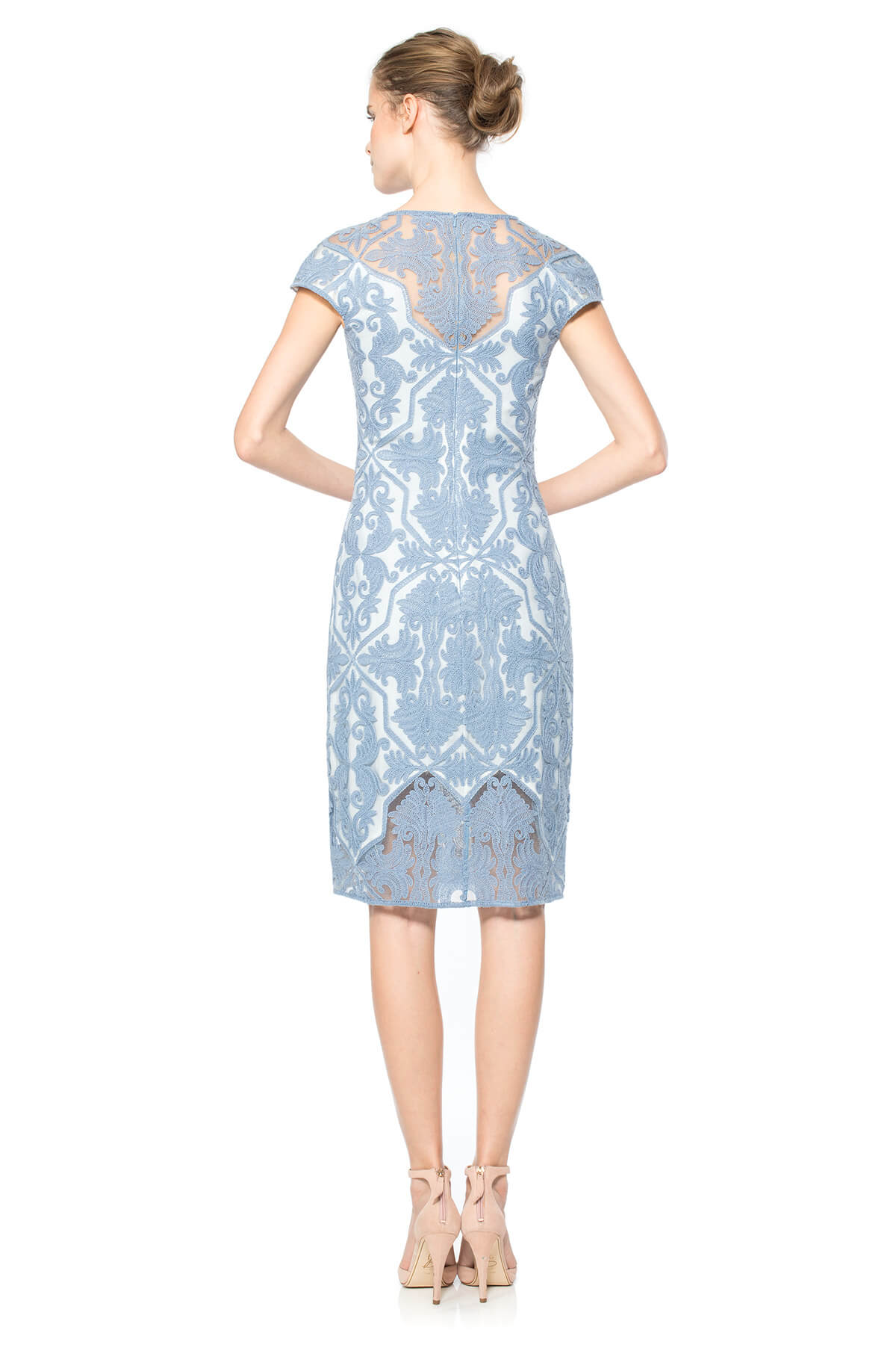 Tadashi Shoji - Bluestone Cotton Embroidered Tulle Cap Sleeve Dress