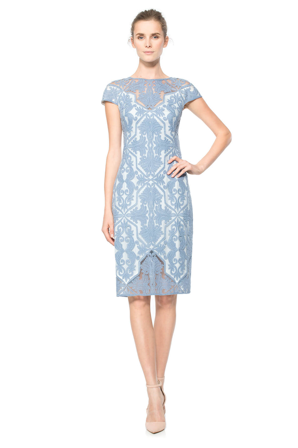 Tadashi Shoji - Bluestone Cotton Embroidered Tulle Cap Sleeve Dress