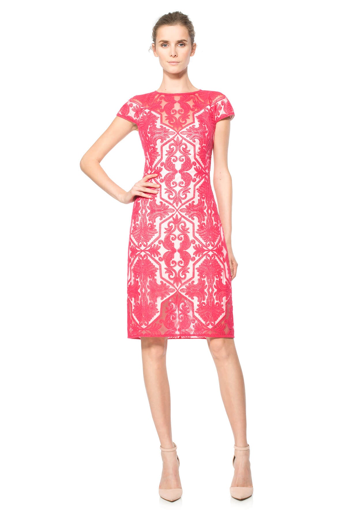 Rouge Cotton Embroidered Tulle Cap Sleeve Dress