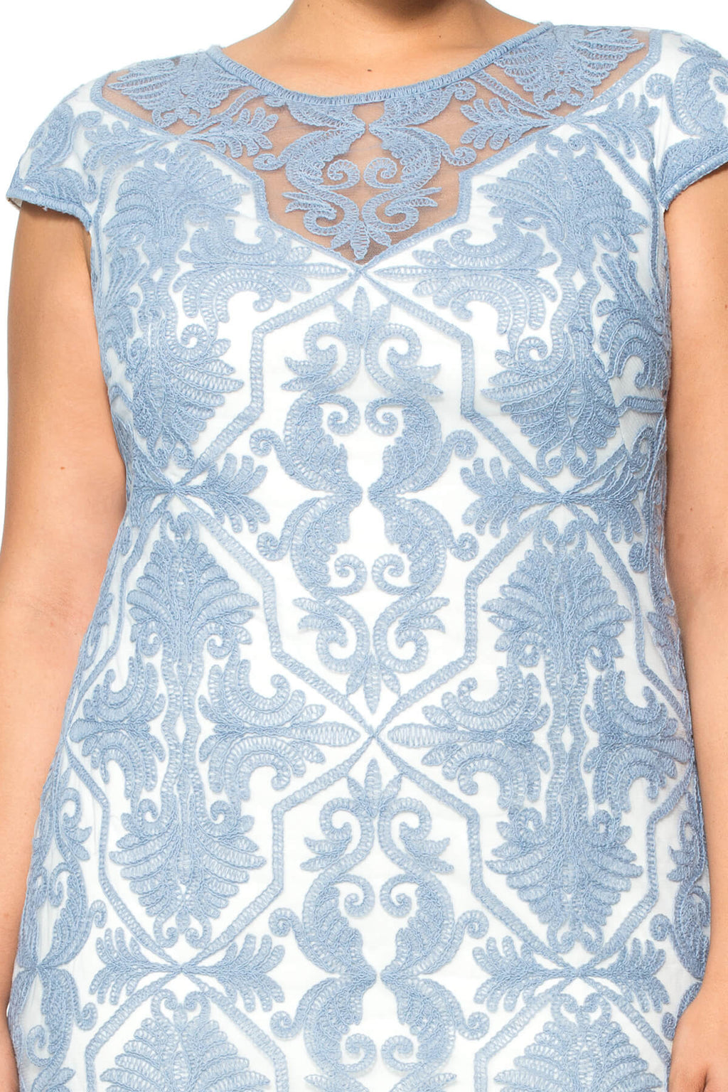 Blue Stone Cotton Embroidered Tulle Cap Sleeve Dress - PLUS SIZE