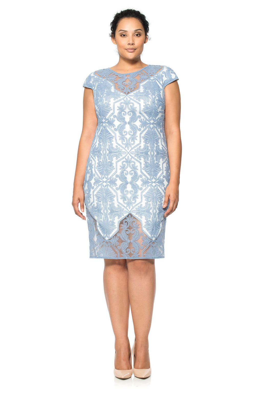Blue Stone Cotton Embroidered Tulle Cap Sleeve Dress - PLUS SIZE