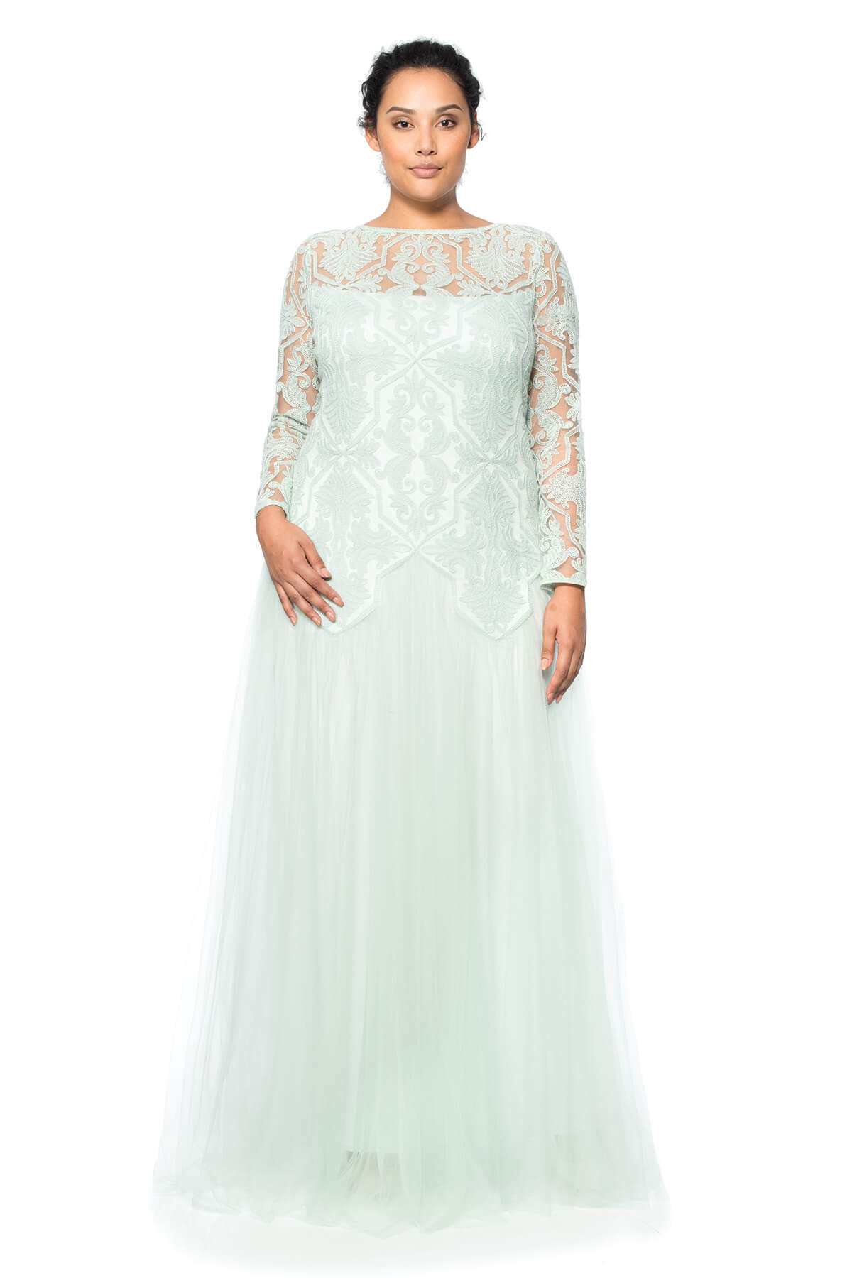 Tadashi Shoji Plus Size - Sheer Illusion Long Sleeve Gown