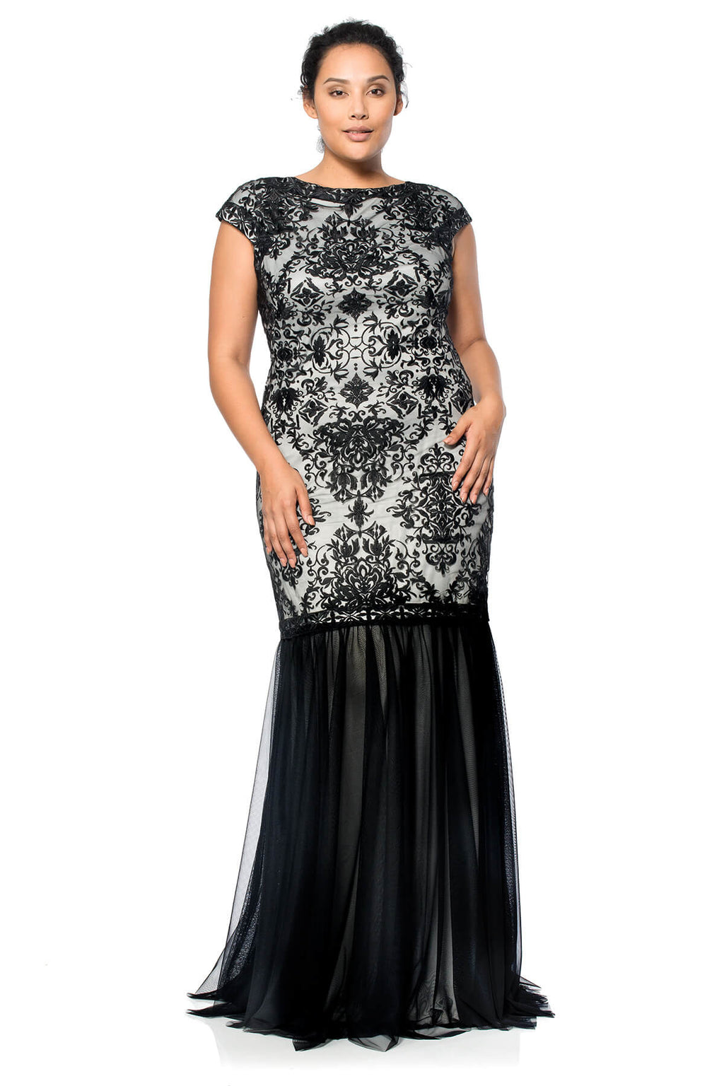 Tadashi Shoji Plus Size - Convertible Embroidered Tulle Cap Sleeve Gown