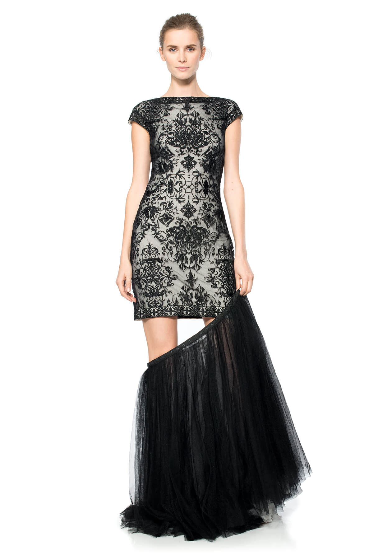 Convertible Embroidered Tulle Cap Sleeve Gown
