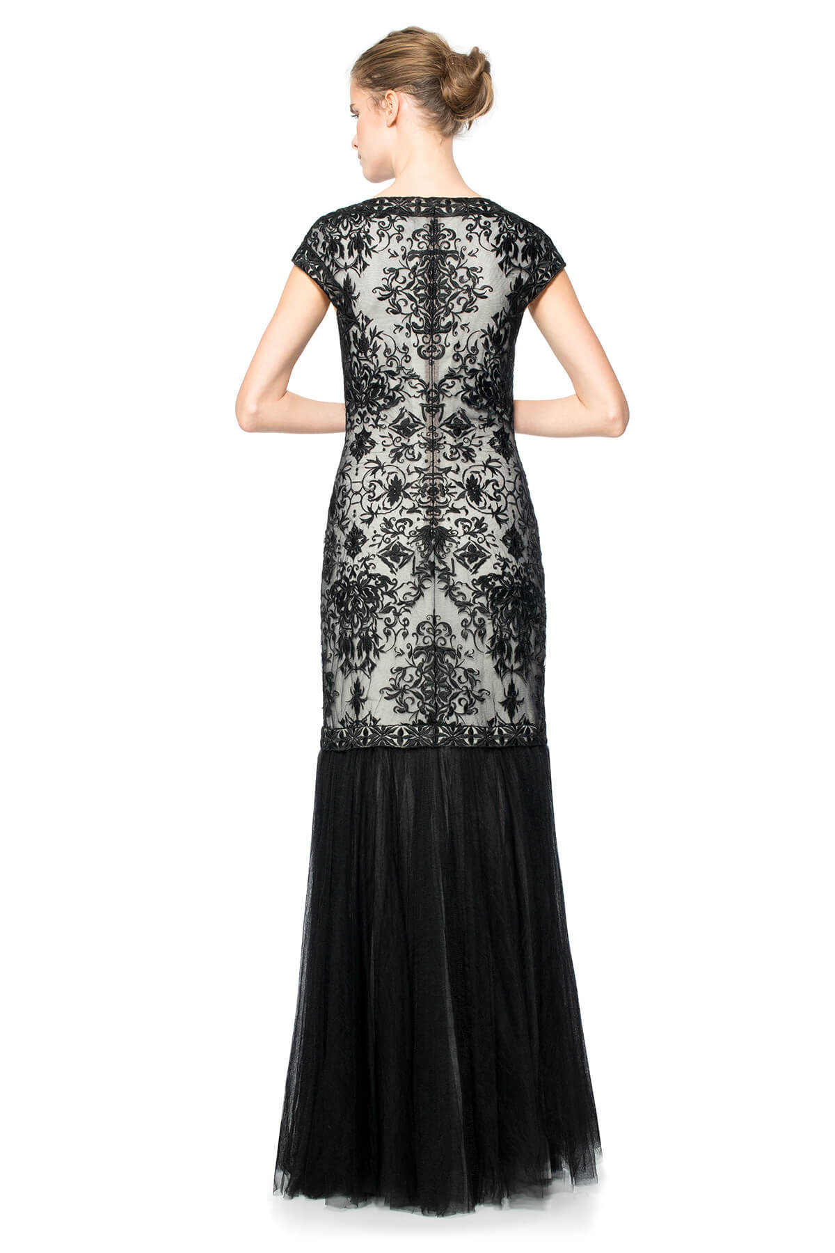 Convertible Embroidered Tulle Cap Sleeve Gown