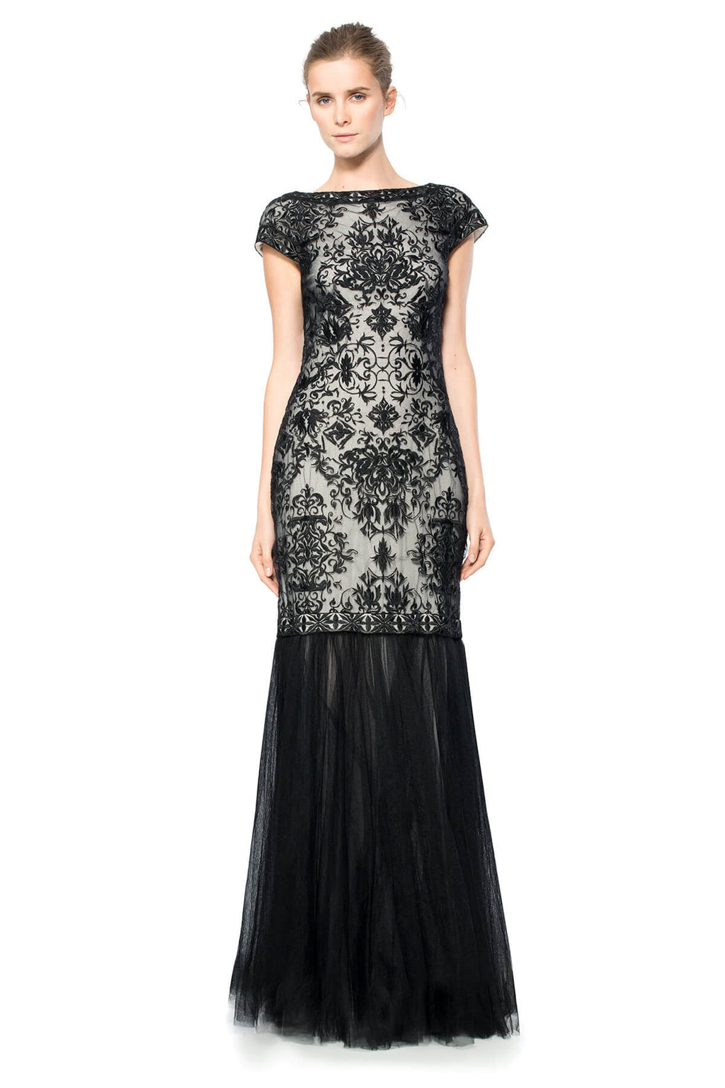 Convertible Embroidered Tulle Cap Sleeve Gown