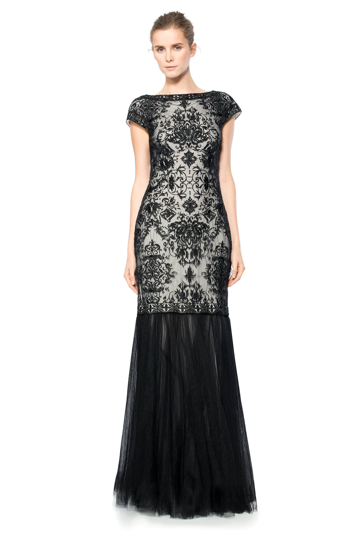 Convertible Embroidered Tulle Cap Sleeve Gown