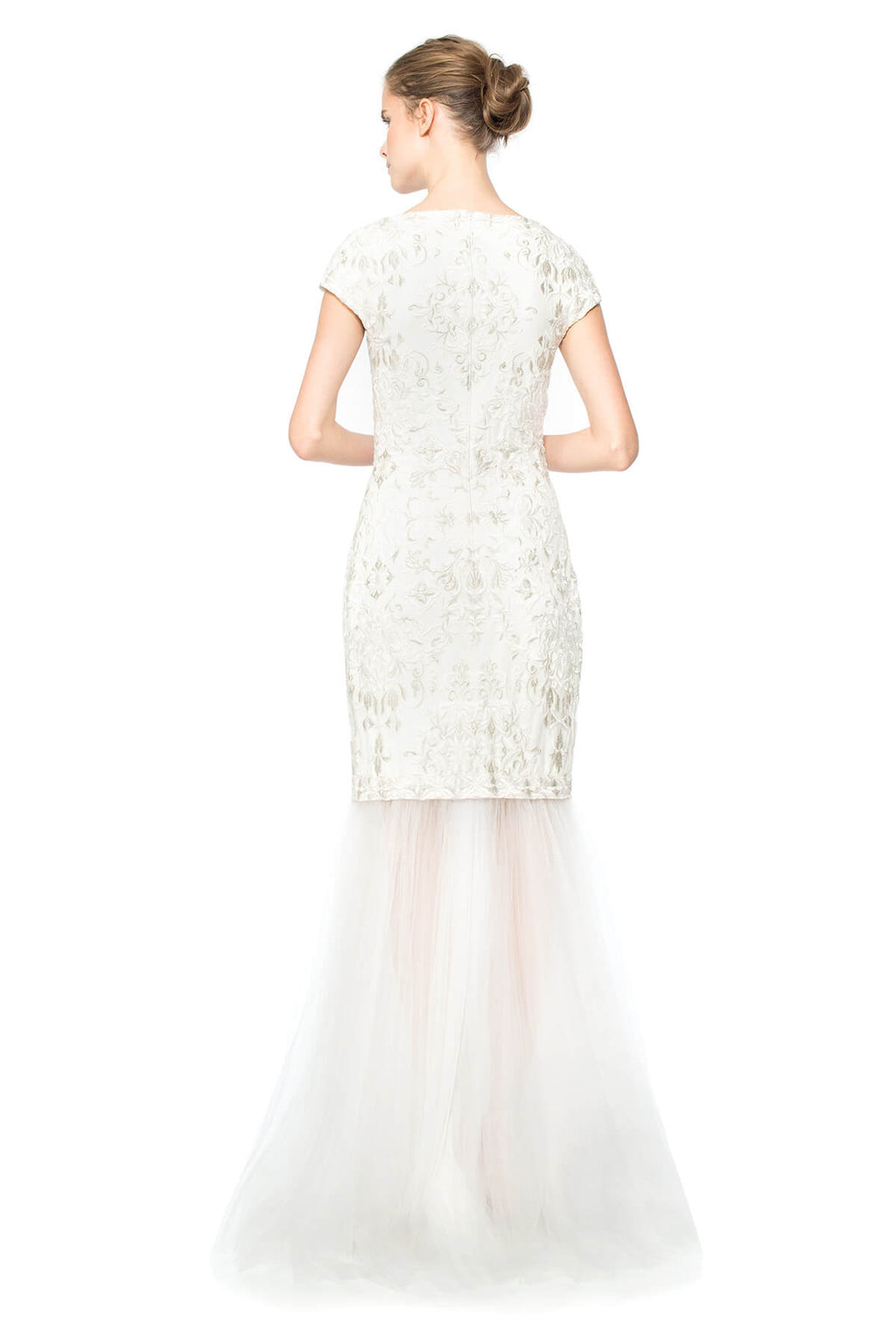 Convertible Embroidered Tulle Cap Sleeve Gown