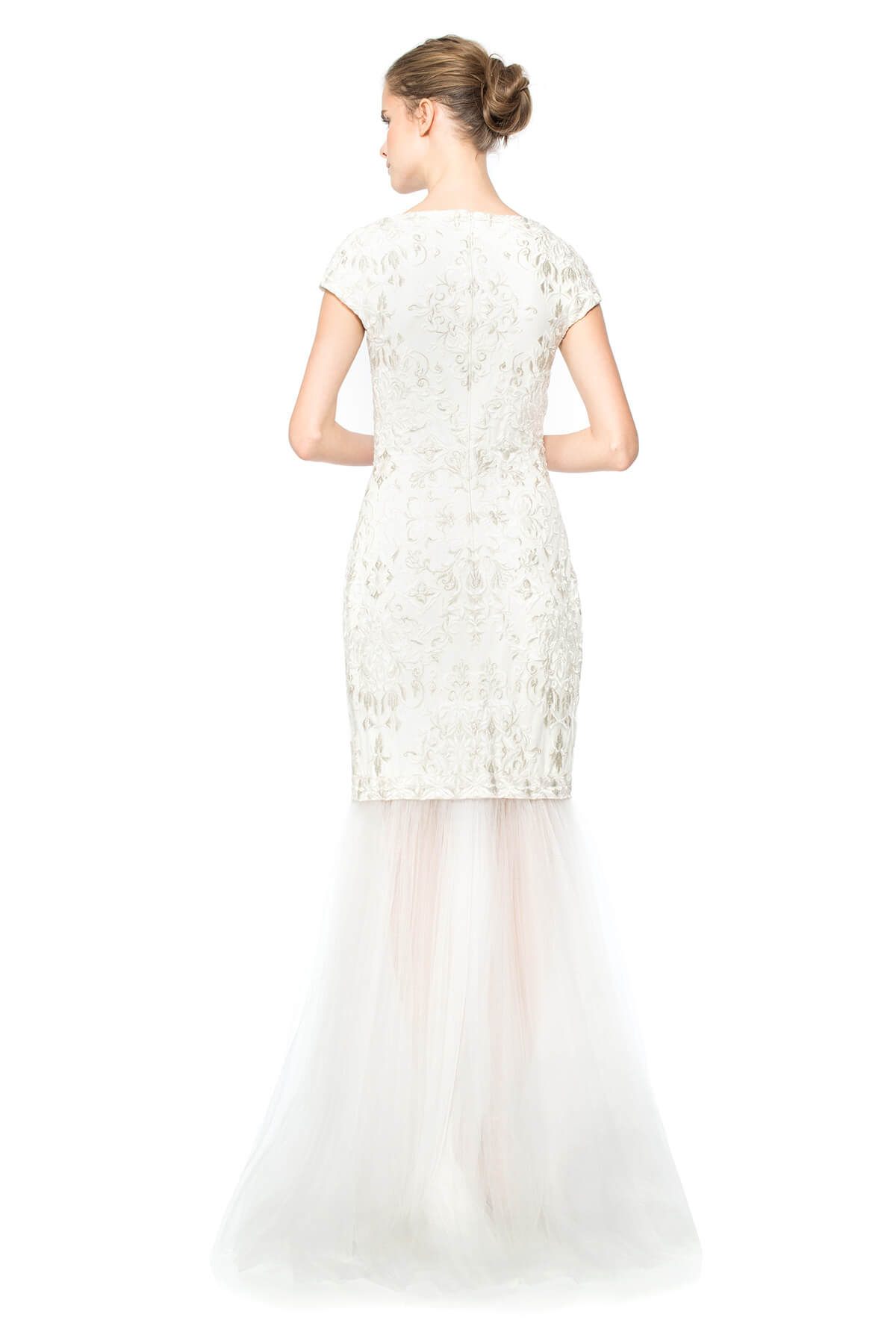 Convertible Embroidered Tulle Cap Sleeve Gown