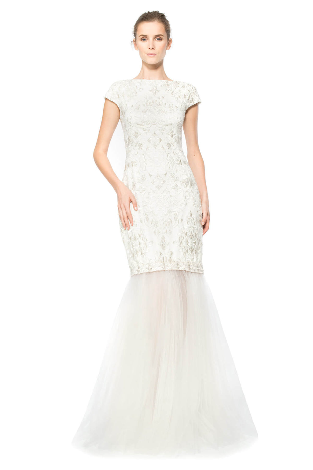 Convertible Embroidered Tulle Cap Sleeve Gown
