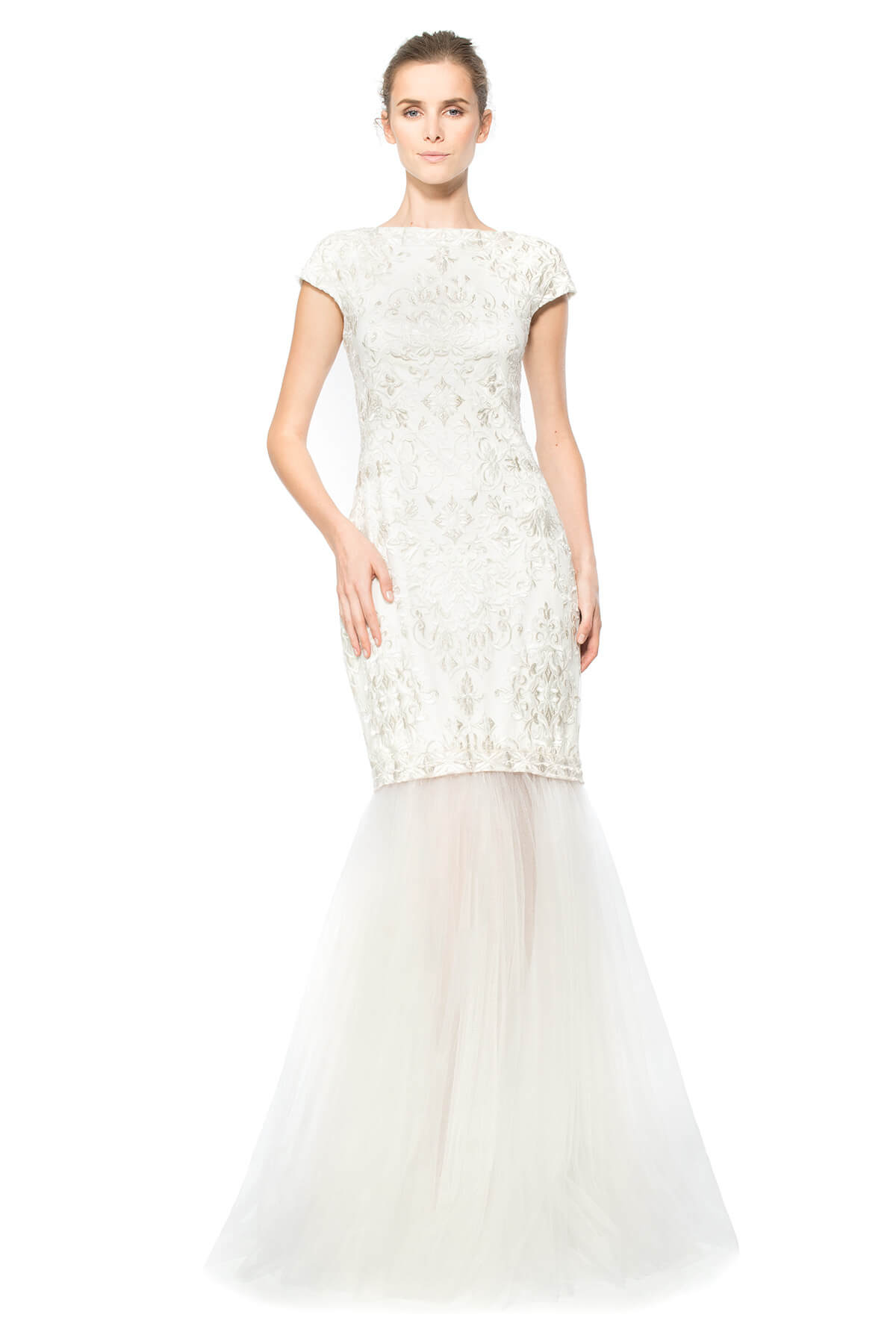 Convertible Embroidered Tulle Cap Sleeve Gown