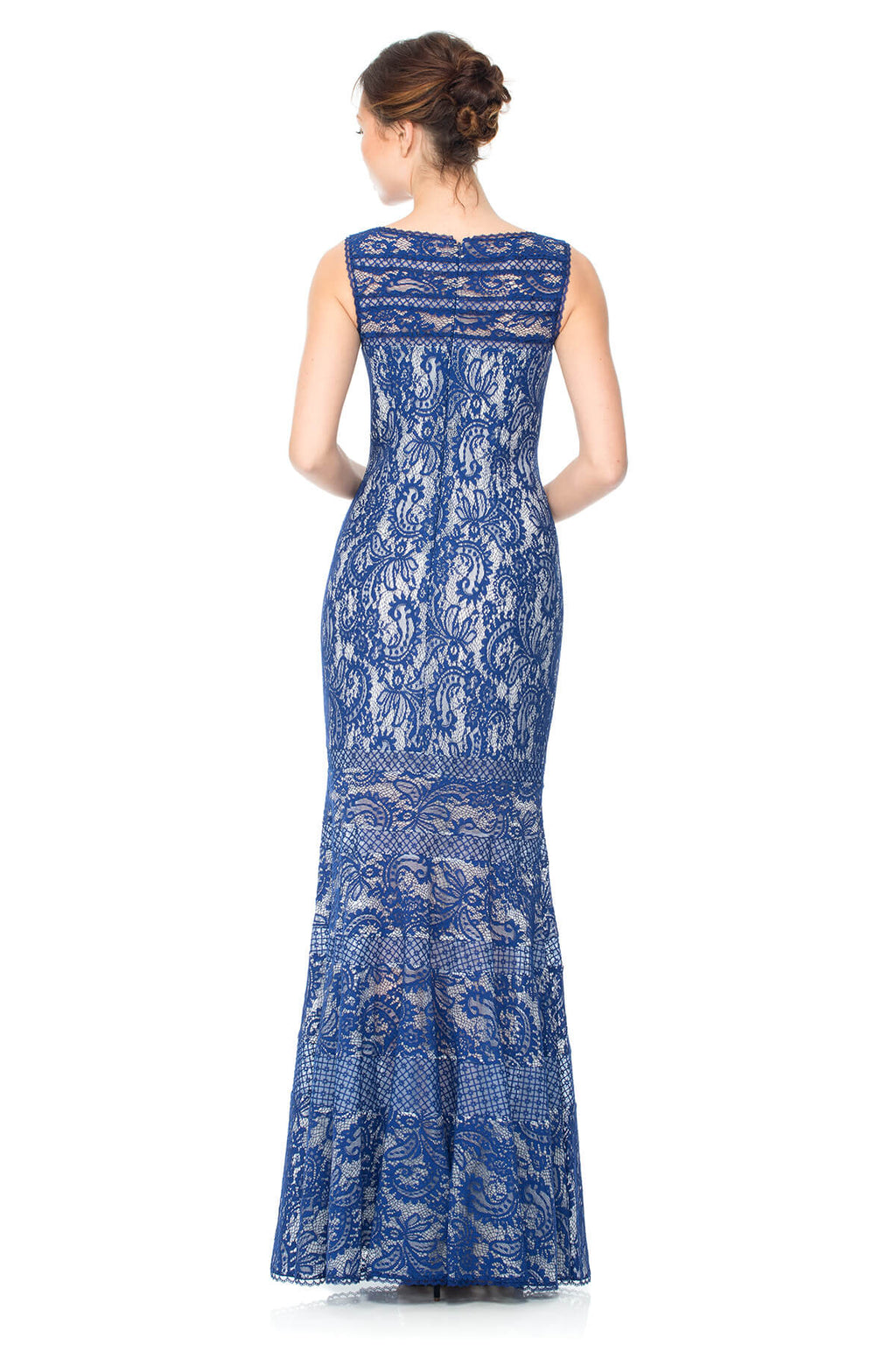 Corded Lace Spacer Mesh Boatneck Gown with Sheer Detail