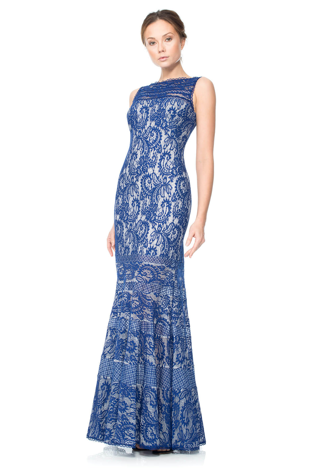 Corded Lace Spacer Mesh Boatneck Gown with Sheer Detail