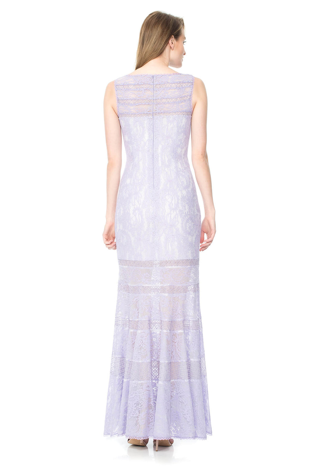 Corded Lace Spacer Mesh Boatneck Gown with Sheer Detail