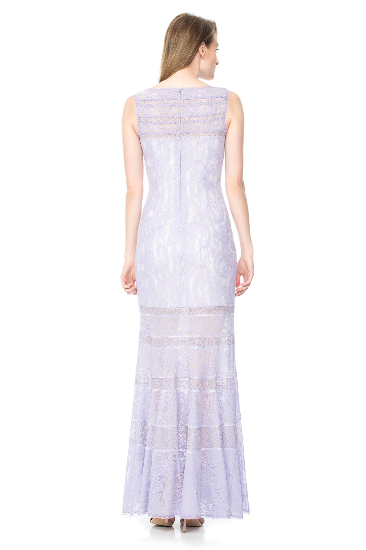 Corded Lace Spacer Mesh Boatneck Gown with Sheer Detail