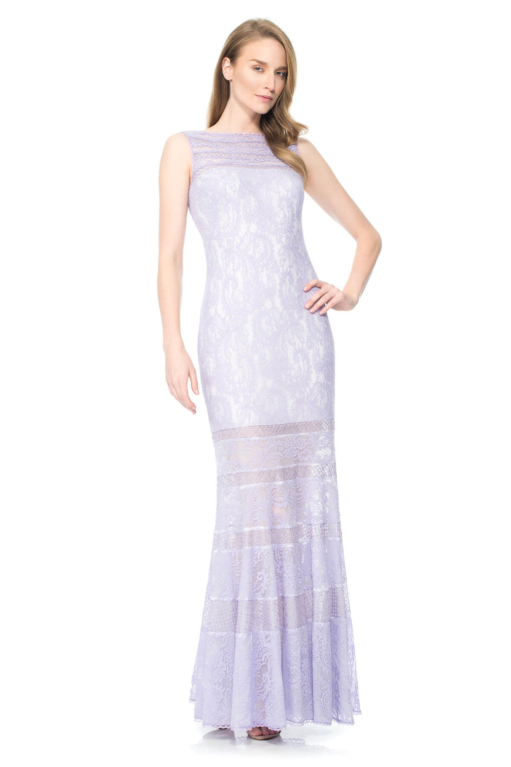 Corded Lace Spacer Mesh Boatneck Gown with Sheer Detail