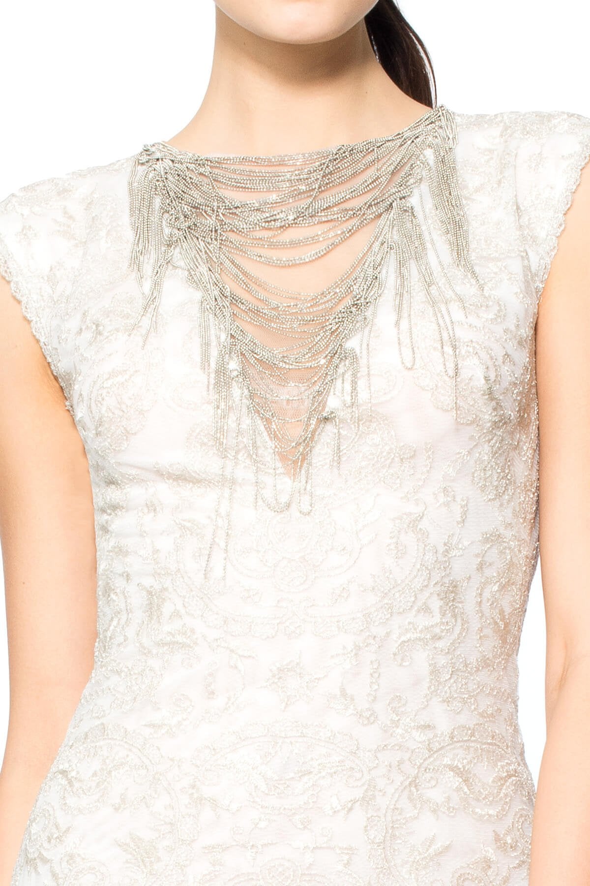 Silver Metallic Embroidered Tulle Dress with Chain Detail