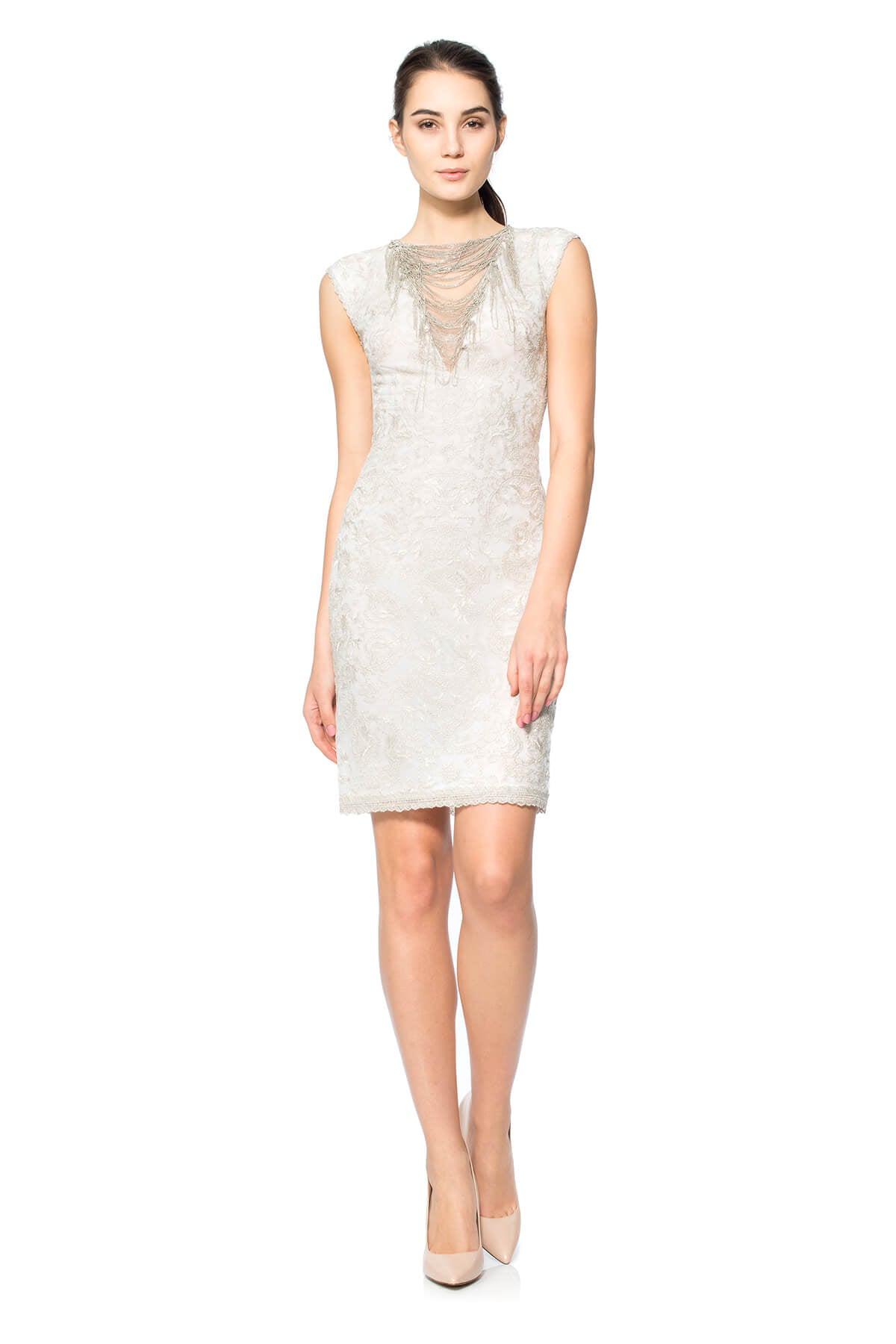 Silver Metallic Embroidered Tulle Dress with Chain Detail