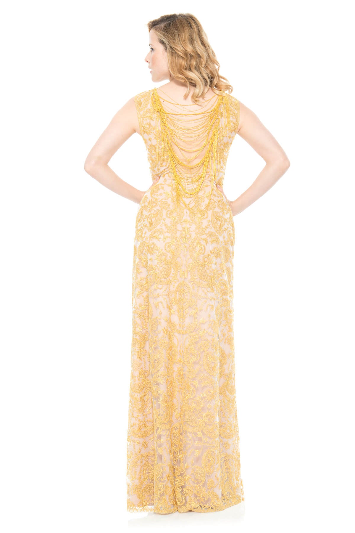 Metallic Embroidered Tulle Gown with Back Chain Detail
