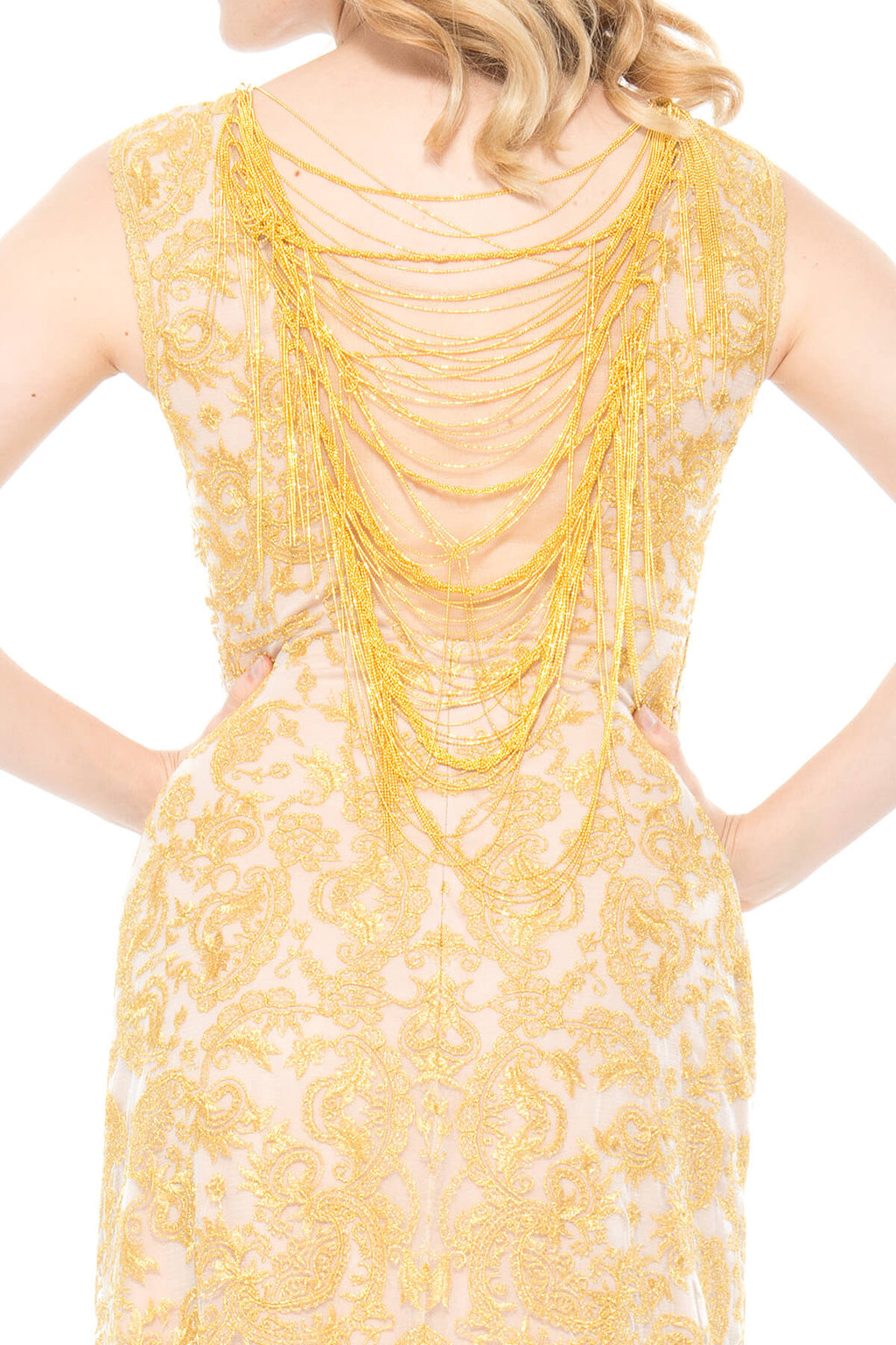 Metallic Embroidered Tulle Gown with Back Chain Detail