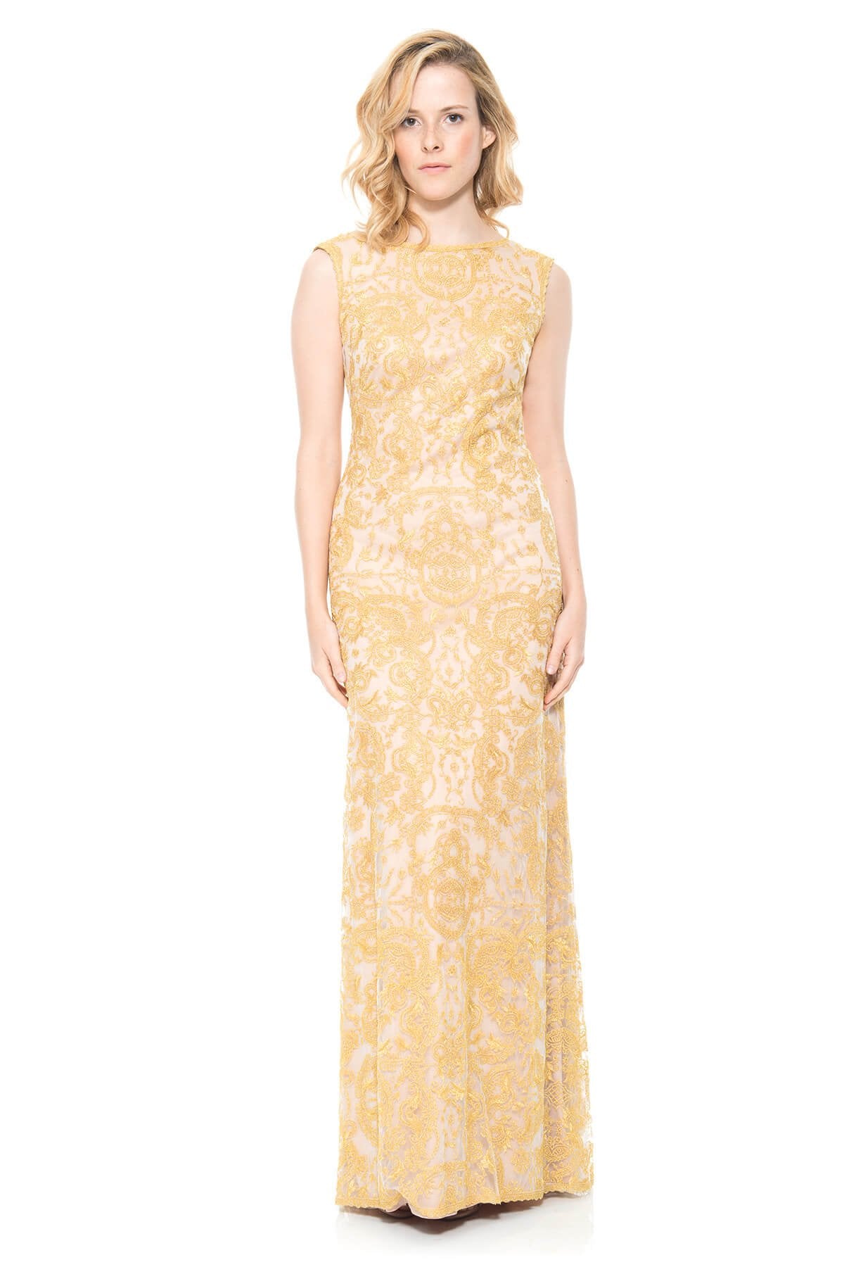Metallic Embroidered Tulle Gown with Back Chain Detail