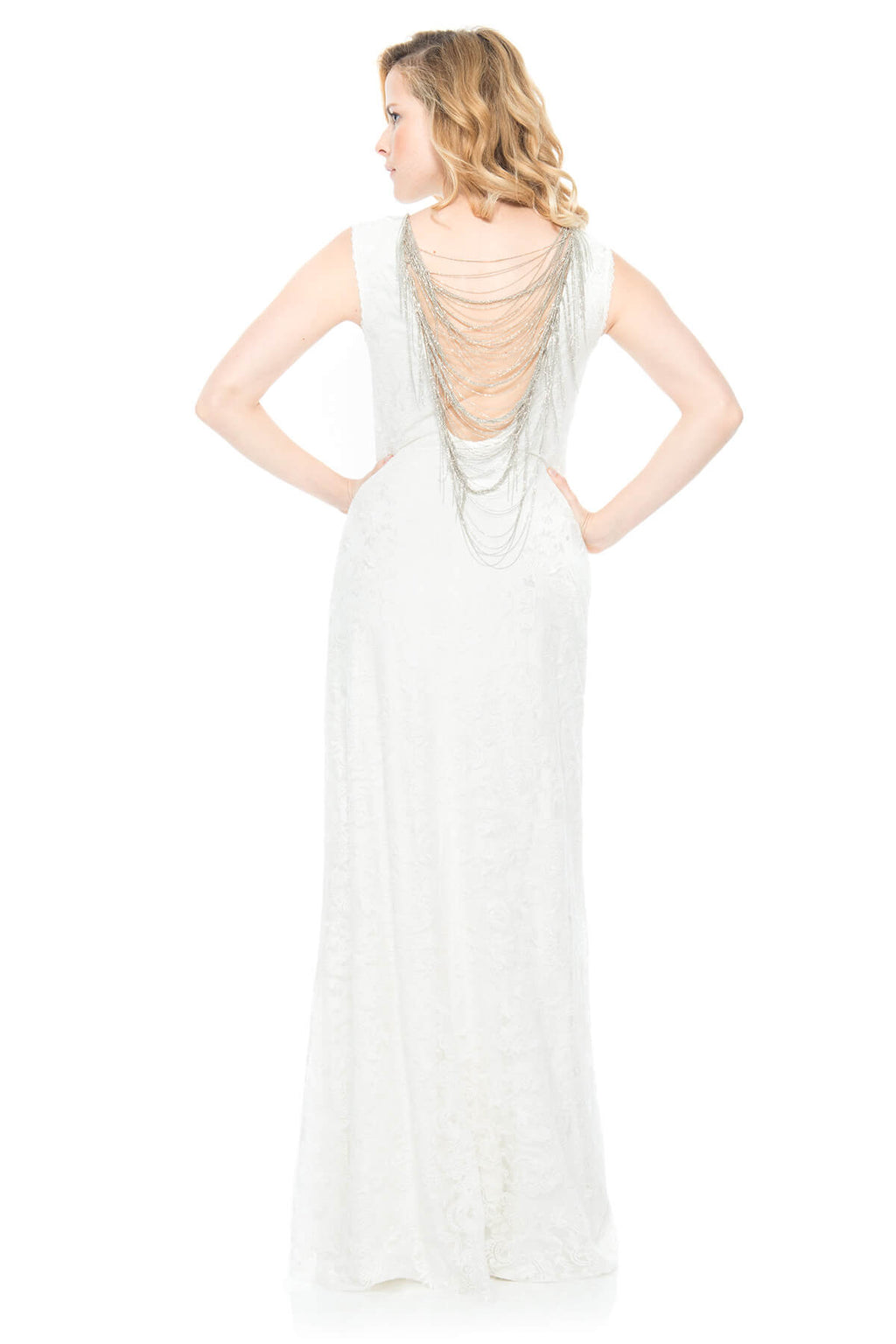 Embroidered Tulle Gown with Back Chain Detail