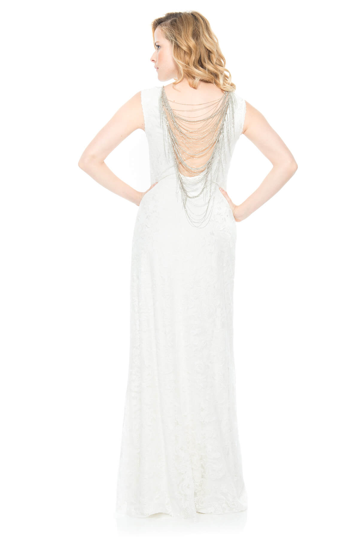Embroidered Tulle Gown with Back Chain Detail