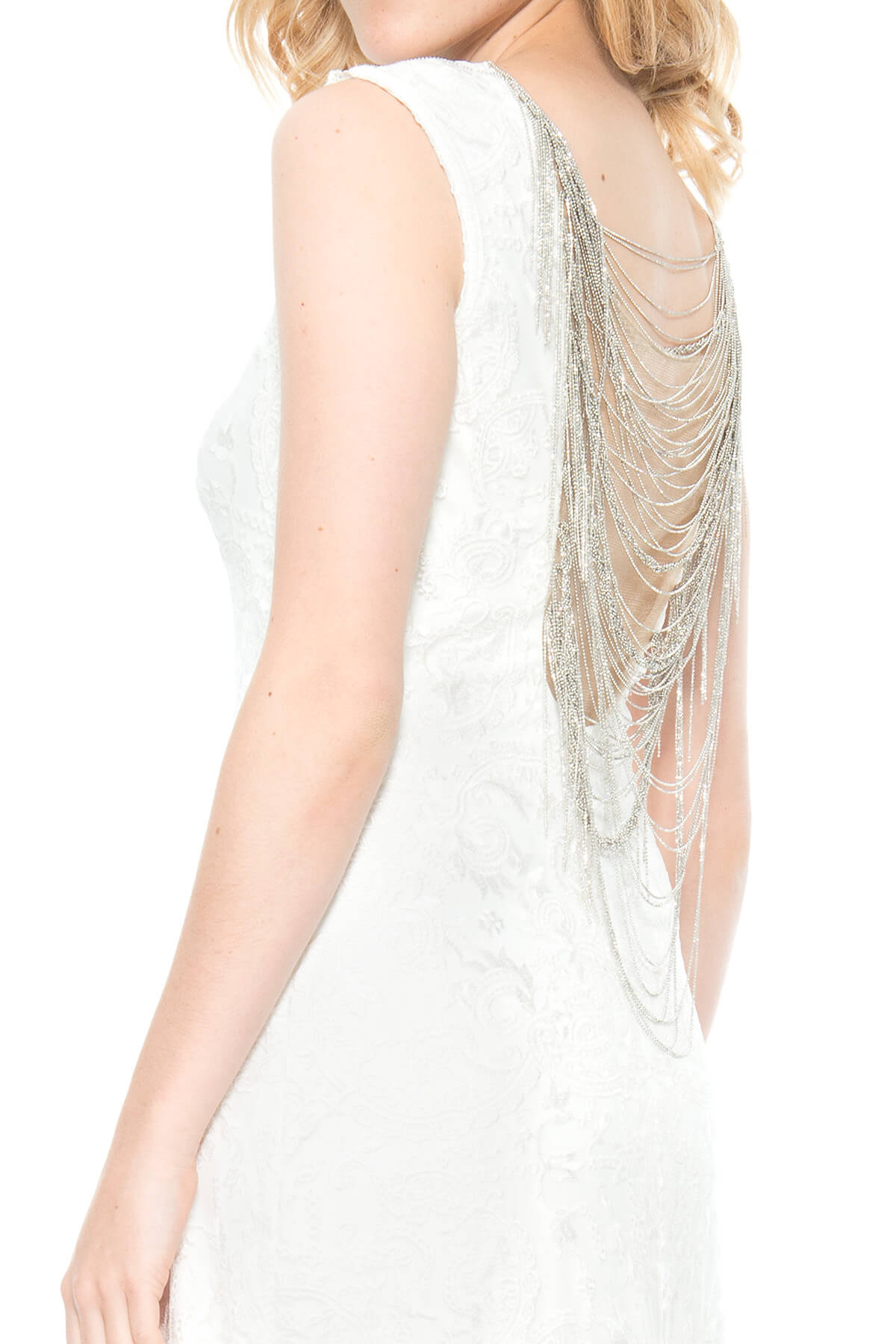 Embroidered Tulle Gown with Back Chain Detail