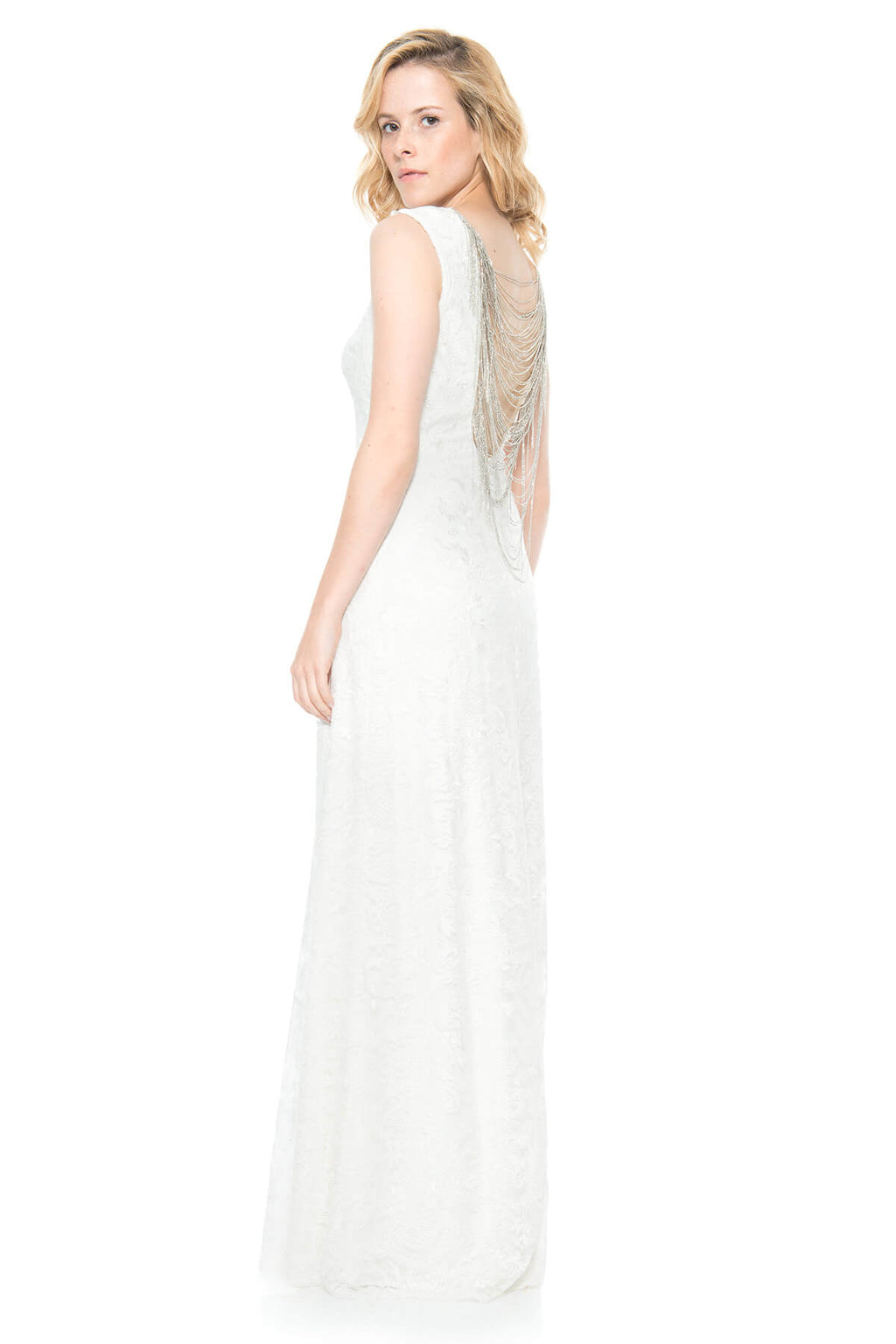 Embroidered Tulle Gown with Back Chain Detail