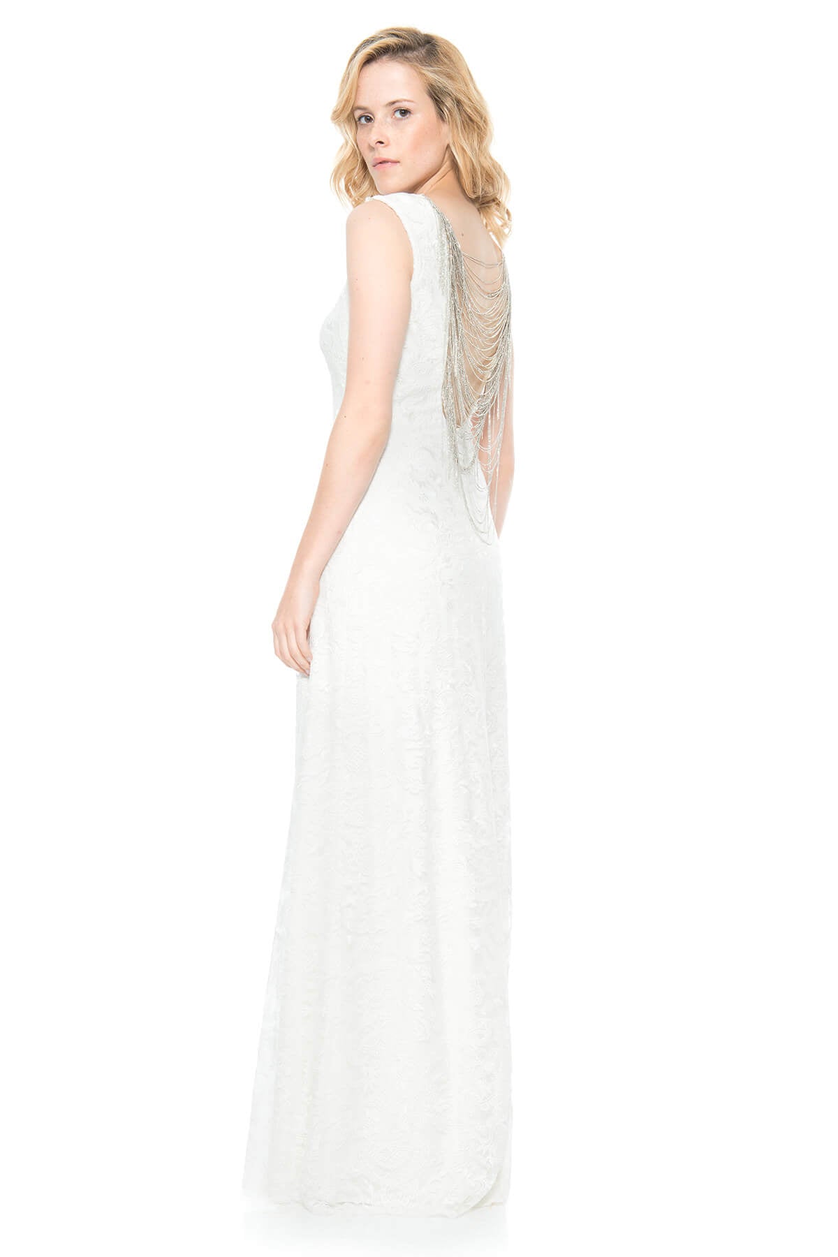 Embroidered Tulle Gown with Back Chain Detail