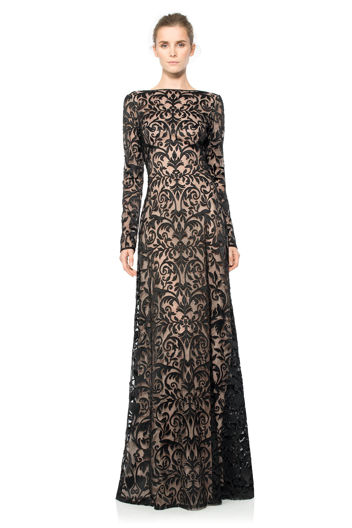 Laser Cut Embroidery Long Sleeve Gown