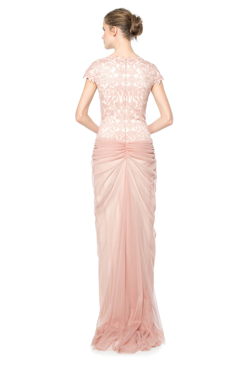 Laser Cut Embroidery Draped Tulle Gown