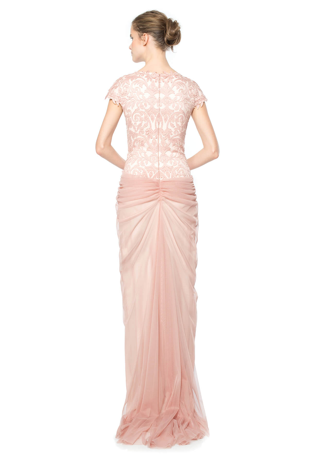 Laser Cut Embroidery Draped Tulle Gown