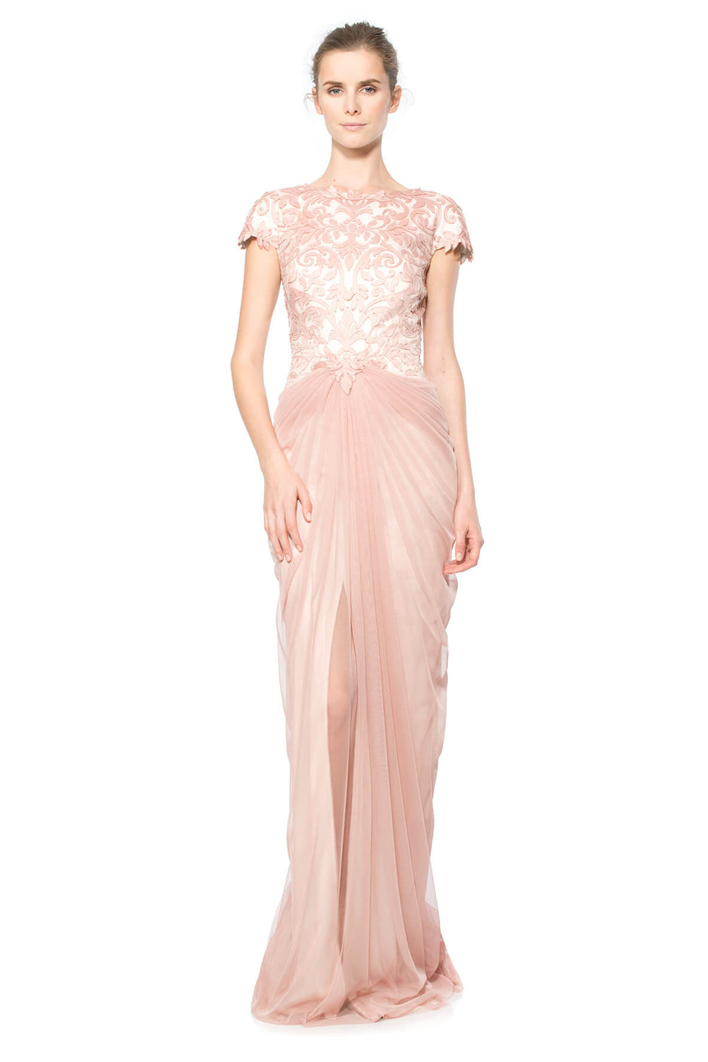 Laser Cut Embroidery Draped Tulle Gown