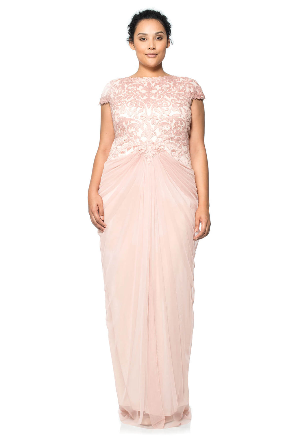 Tadashi Shoji Plus Size - Laser Cut Embroidery Draped Tulle Gown