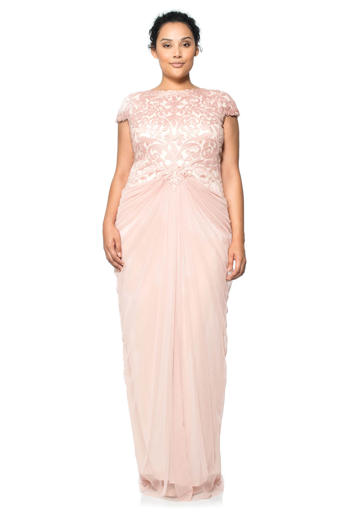 Tadashi Shoji Plus Size - Laser Cut Embroidery Draped Tulle Gown