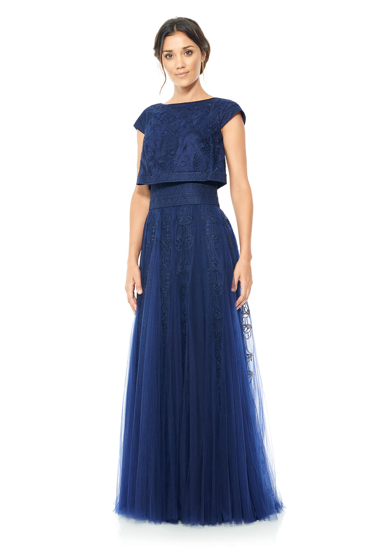 Embroidered Tulle Crop Top Full Skirt Gown