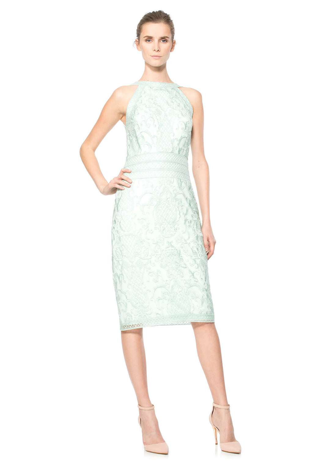 Embroidered Tulle Halter Sheath