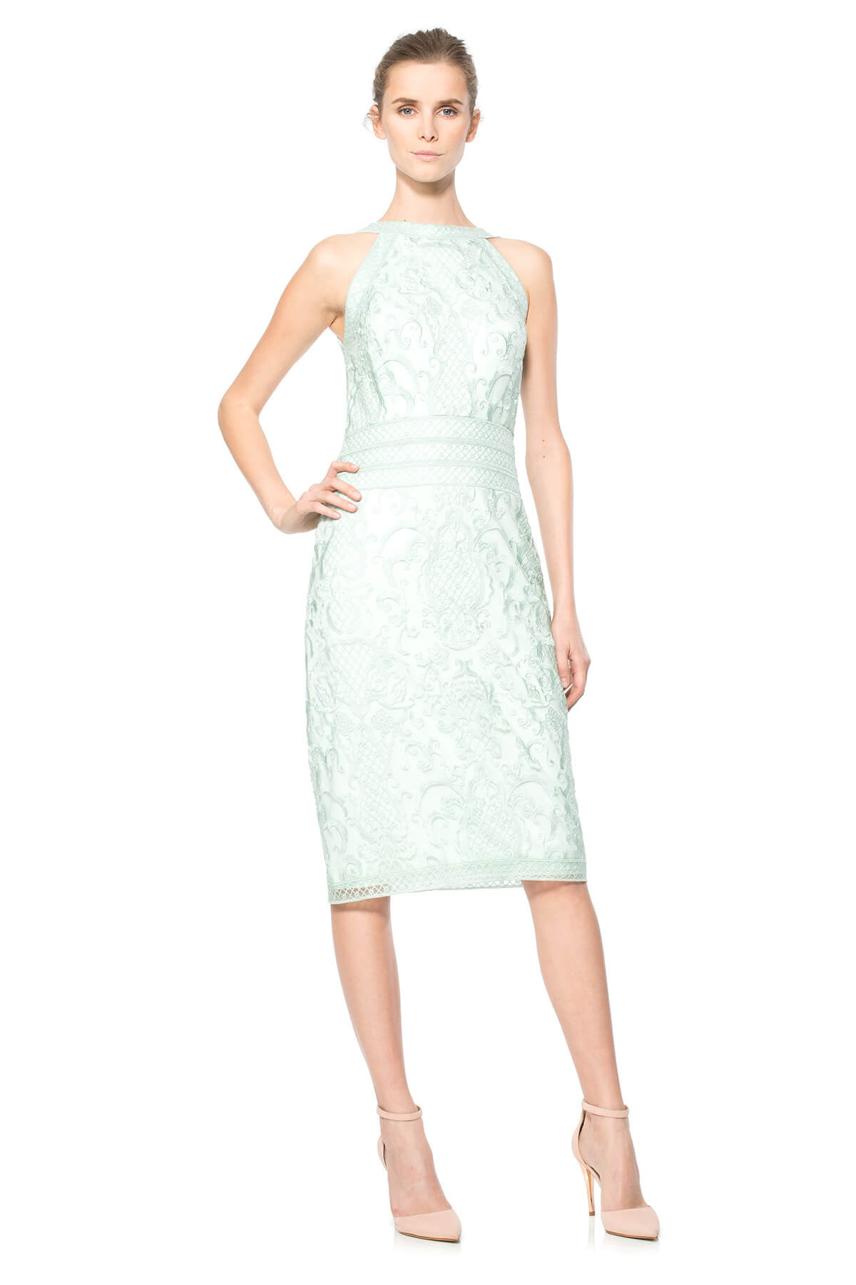 Embroidered Tulle Halter Sheath