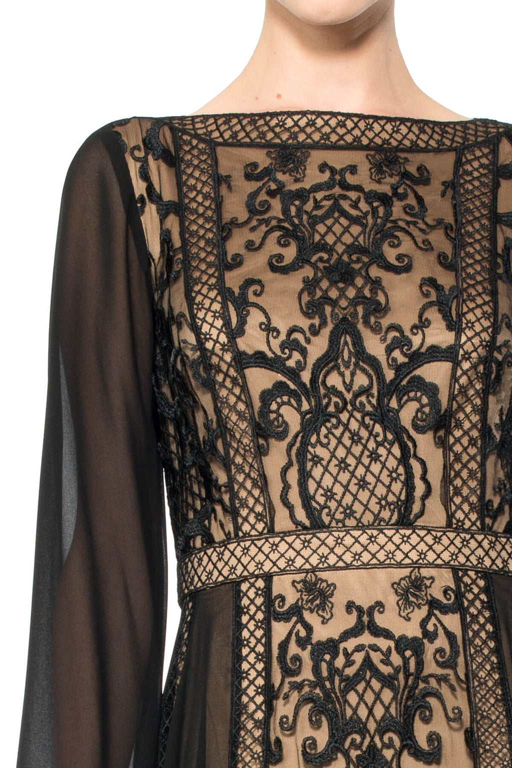 Long Sleeve Chandelier Lace and Chiffon Gown