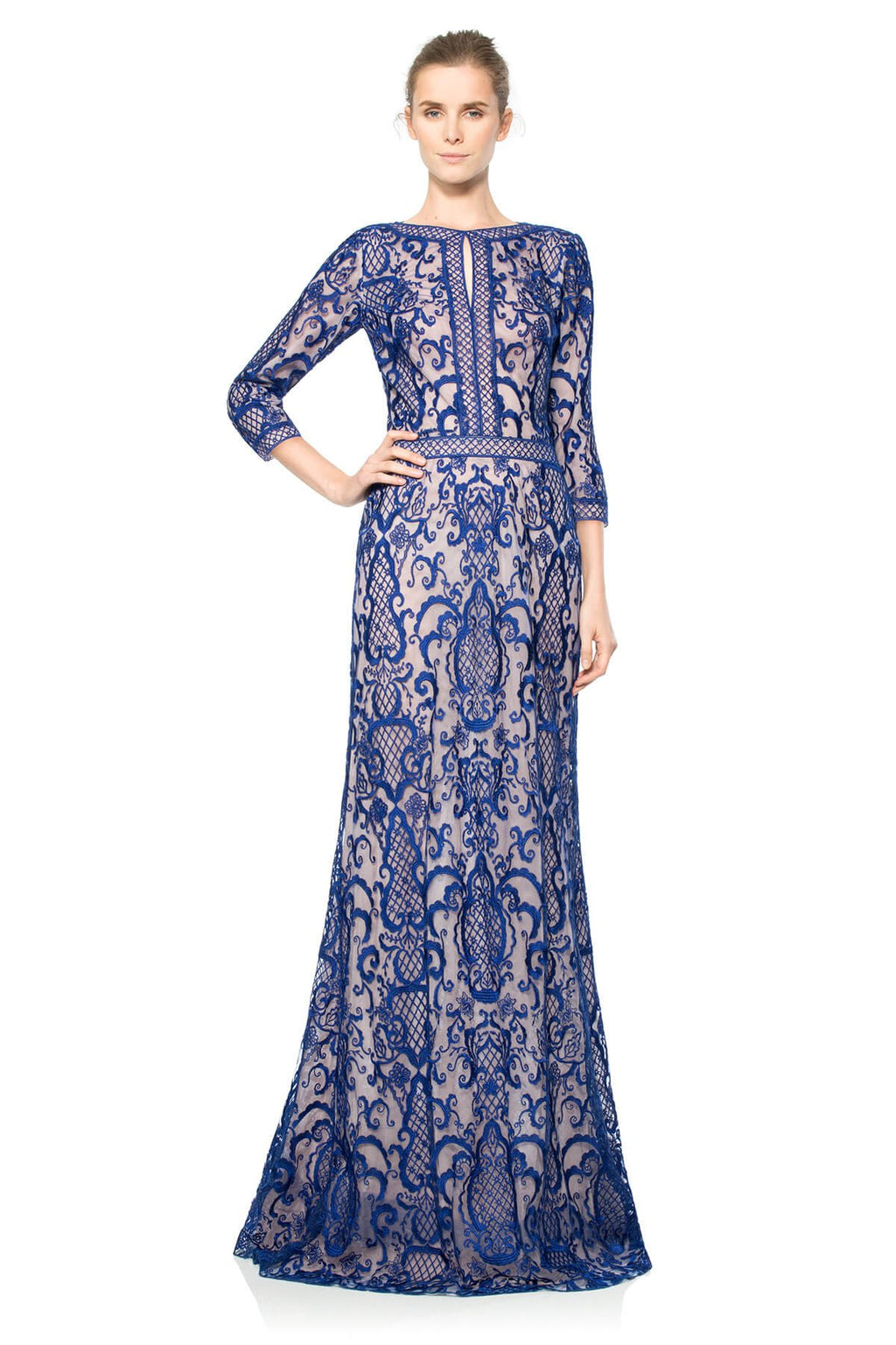 Tadashi Shoji - Embroidered Tulle Keyhole Neckline 3/4 Sleeve Gown