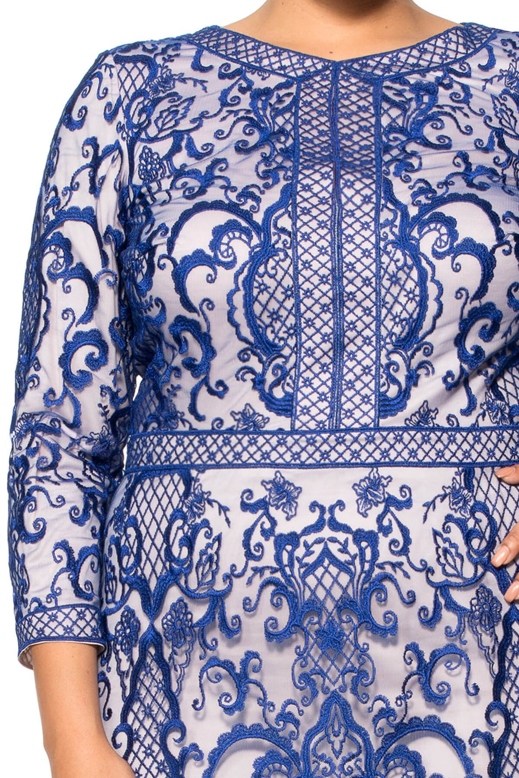 Tadashi Shoji Plus Size - Embroidered Tulle Keyhole Neckline 3/4 Sleeve Gown - Detail