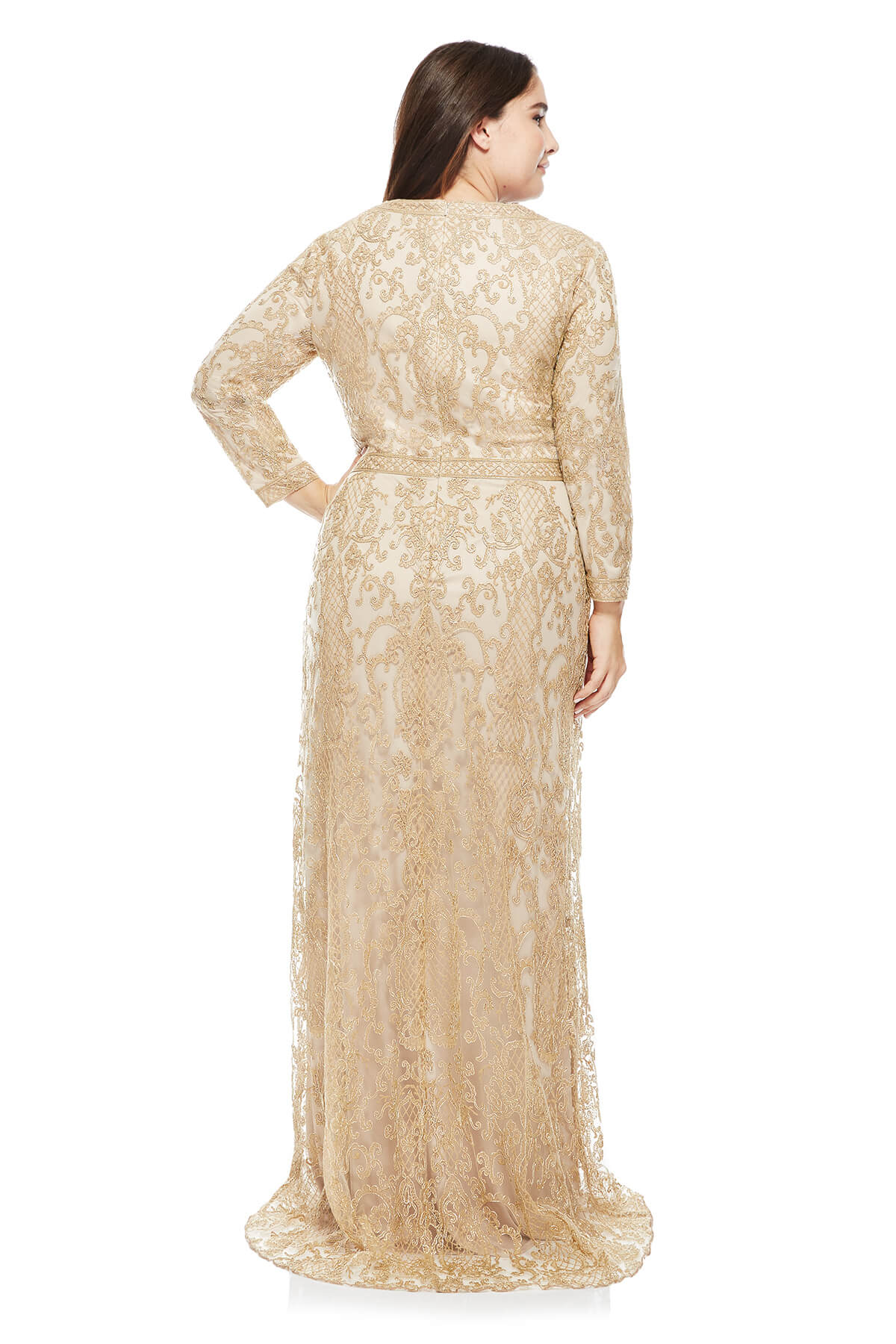 Tadashi Shoji Plus Size -  Embroidered Tulle Keyhole Neckline _ Sleeve Gown