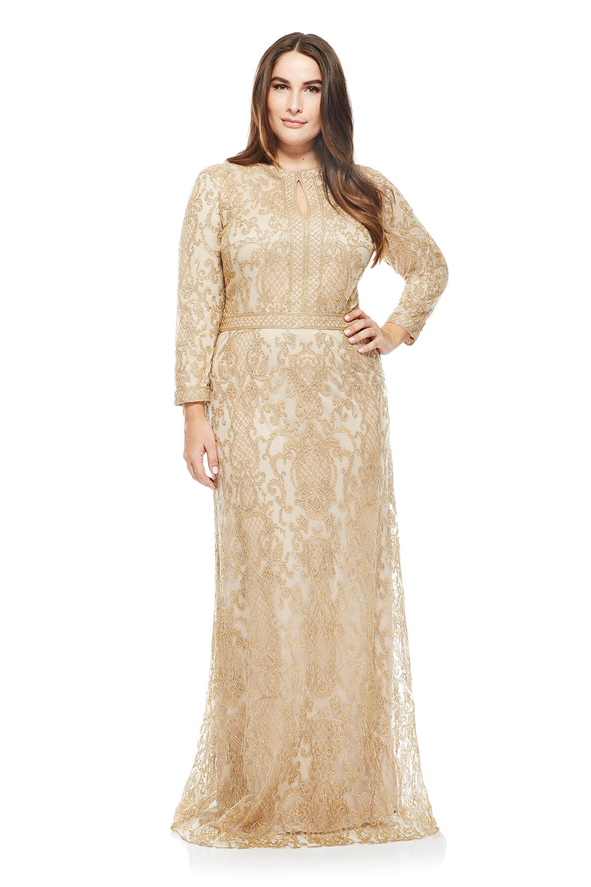 Tadashi Shoji Plus Size -  Embroidered Tulle Keyhole Neckline _ Sleeve Gown