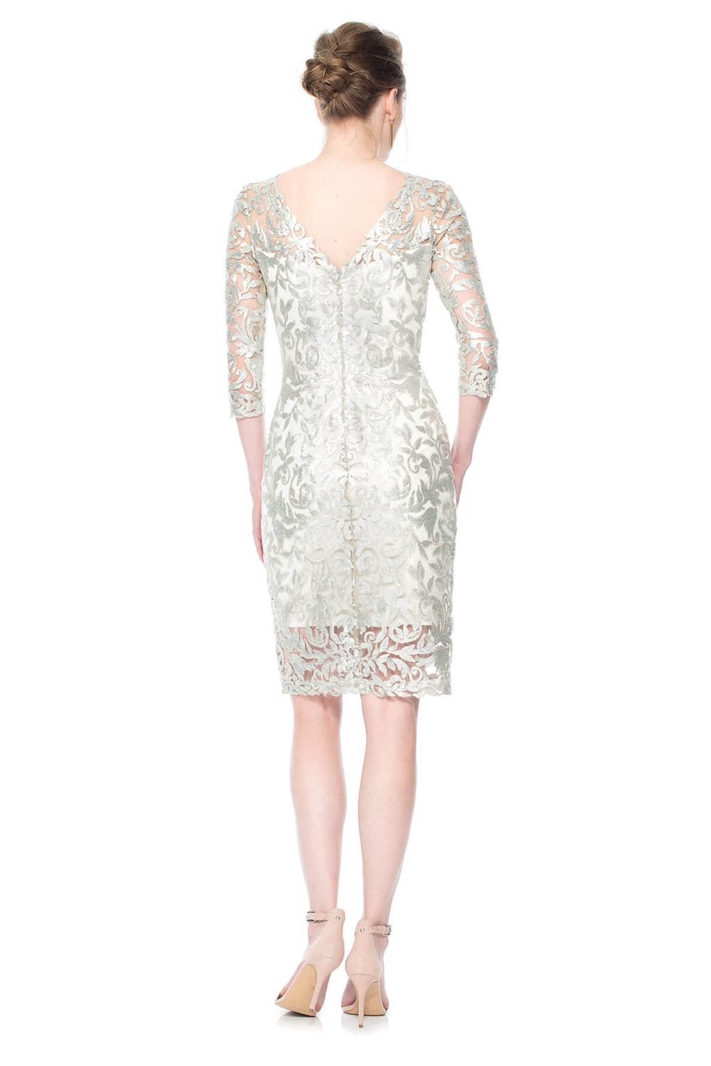 Tadashi Shoji Petite Size - Paillette Embroidered Tulle Sheath with 3/4 Sleeve