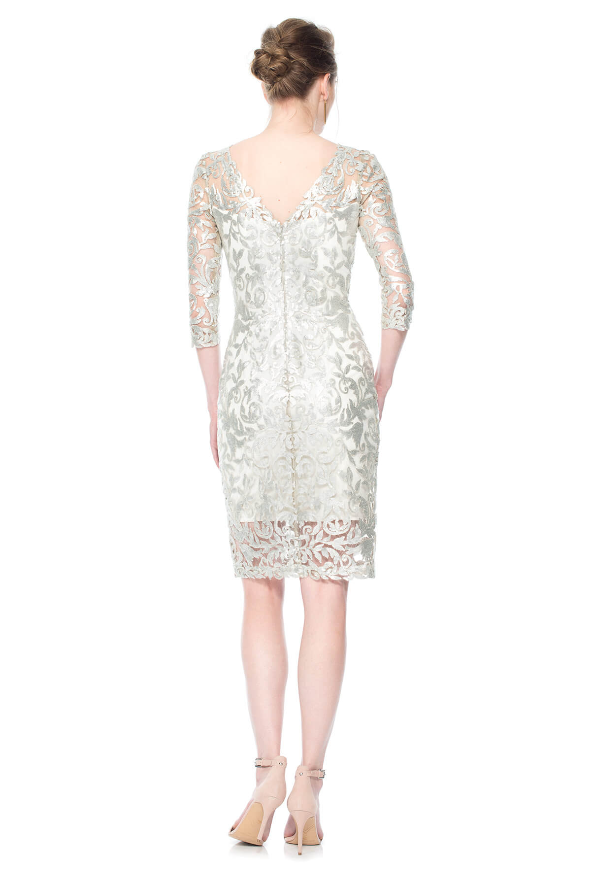 Tadashi Shoji Petite Size - Paillette Embroidered Tulle Sheath with 3/4 Sleeve