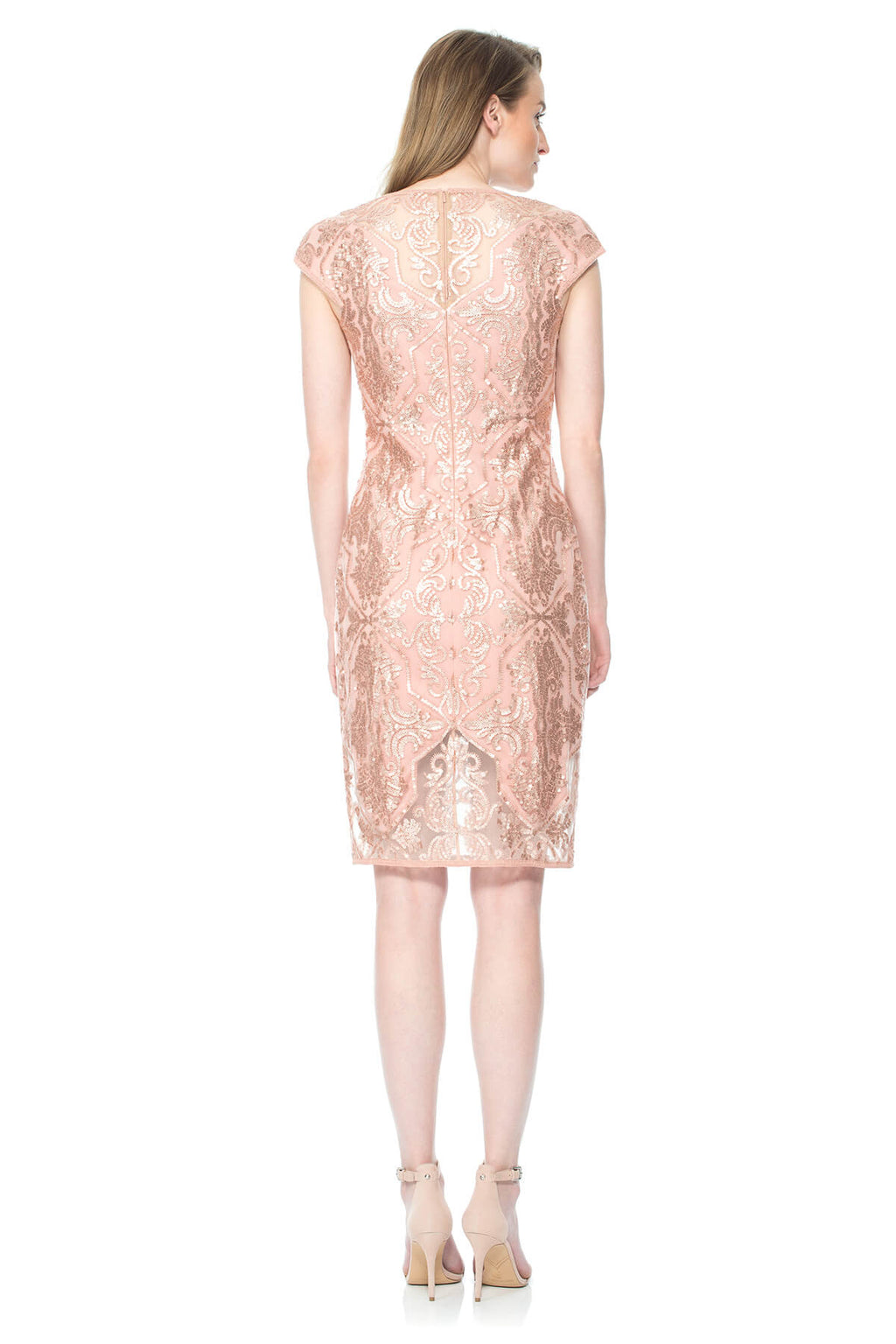 Pink Shadow Sequin Embroidered Tulle Cap Sleeve Dress